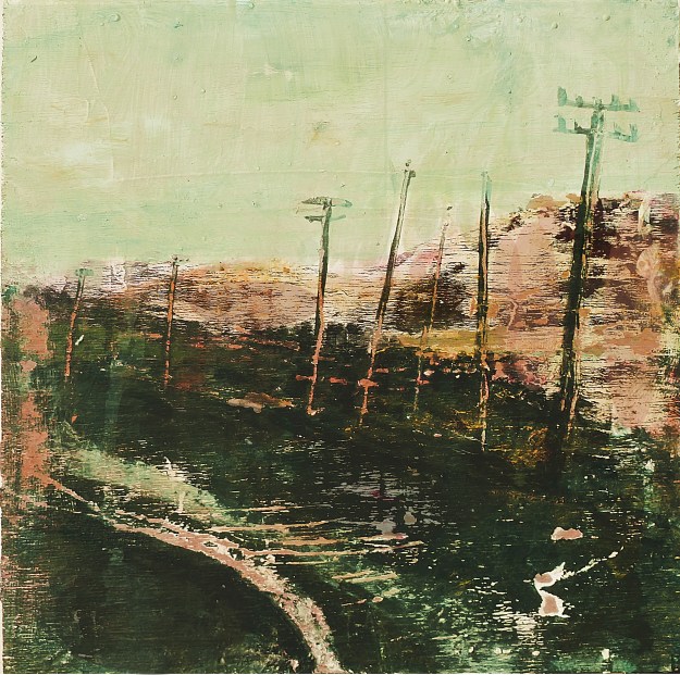 Sold. 'East Coast Road, Harris 2'. Mixed meda on 9.5x9.5" wood panel.. Rose Strang 2017