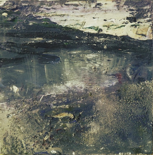 Sold. Harris Twilight. Mixed media on 5×5″ wood block. Rose Strang 2017