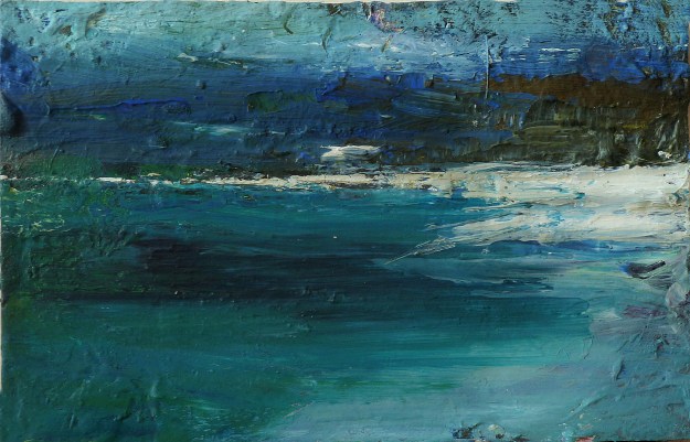 Luskentir Sea, Harris 1. Mixed media on 6.5×5″ wood block. Rose Strang 2017