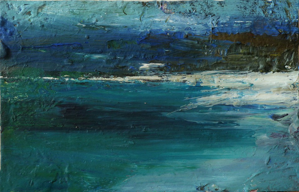 Luskentir Sea, Harris 1. Mixed media on 6.5×5″ wood block. Rose Strang 2017