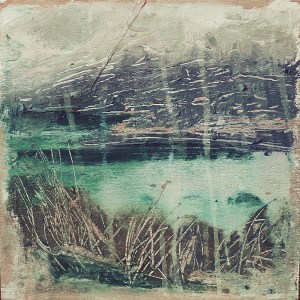 'Luskintir Sea, Harris'. Mixed meda on 9.5x9.5" wood panel.. Rose Strang 2017