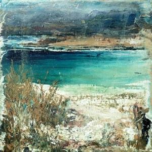 'Traigh Luskentir, Harris 2'. Mixed meda on 9.5x9.5" wood panel. Rose Strang 2017