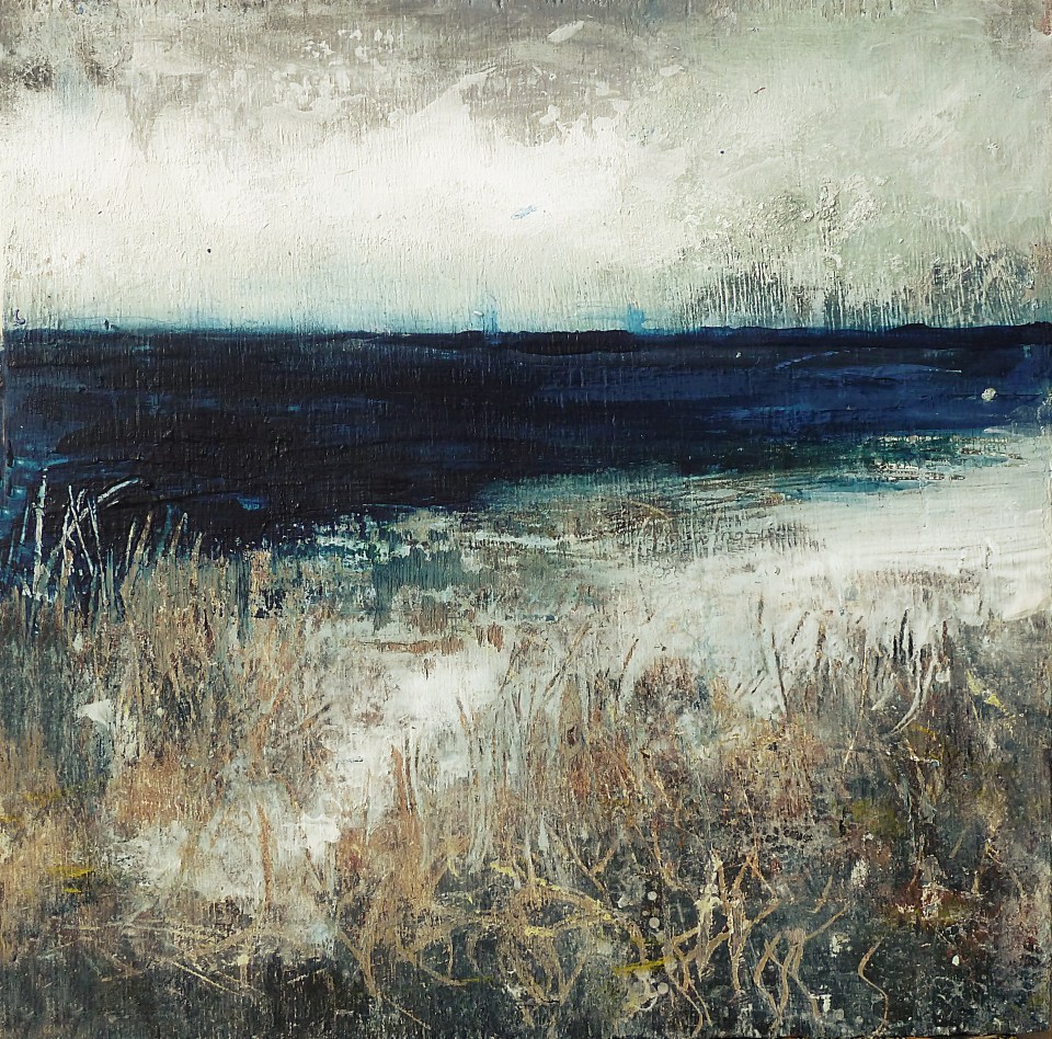 Sold. 'Tràigh na Buirgh, Harris'. Mixed media on 9.5x9.5" wood panel. Rose Strang 2017