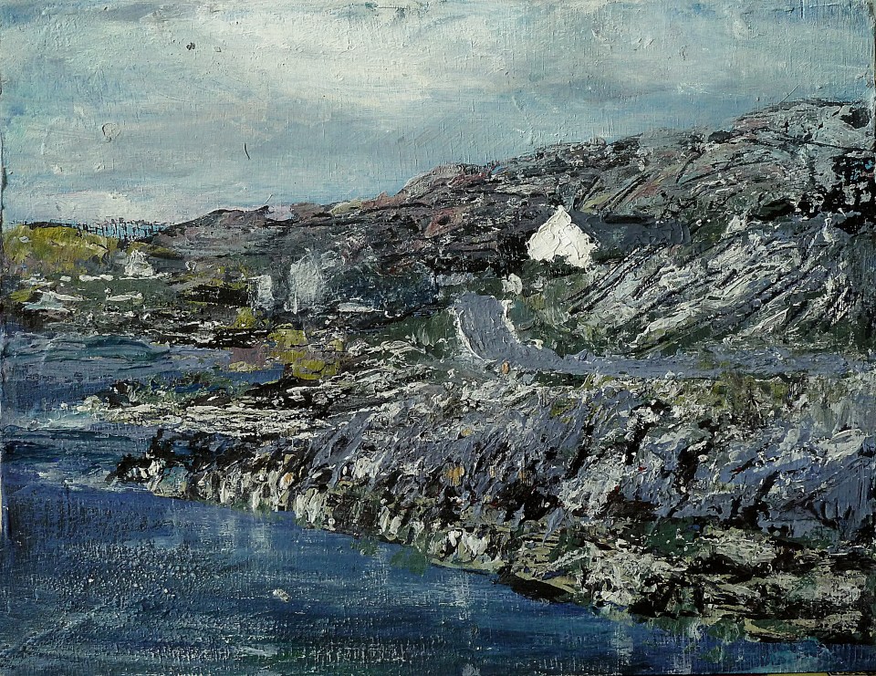 Sold. East Coast Road near Geocrab Bay, Harris. Mixed media on 9.5×7.5 wood panel. £120. Rose Strang 2017