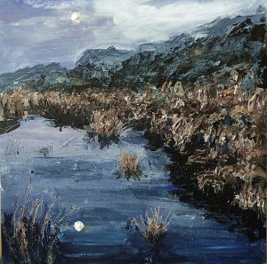 Sold. 'Harris Moon 3'. Mixed media on 16x16" wood £250. Rose Strang 2017