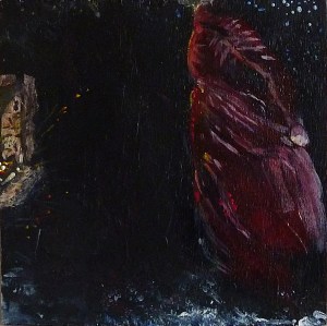 Sold. 'Winter 4. Red Velvet Dancing'. Mixed media on 10x10" wood panel. Rose Strang 2017