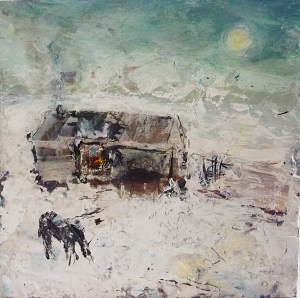 Sold. 'Winter 1 . Home, Horse'. Mixed media on 10x10" wood panel. Rose Strang 2017