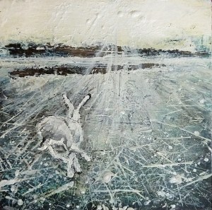 Sold. 'Winter 9. Skating, Running'. Mixed media on 10x10" wood panel. Rose Strang 2017