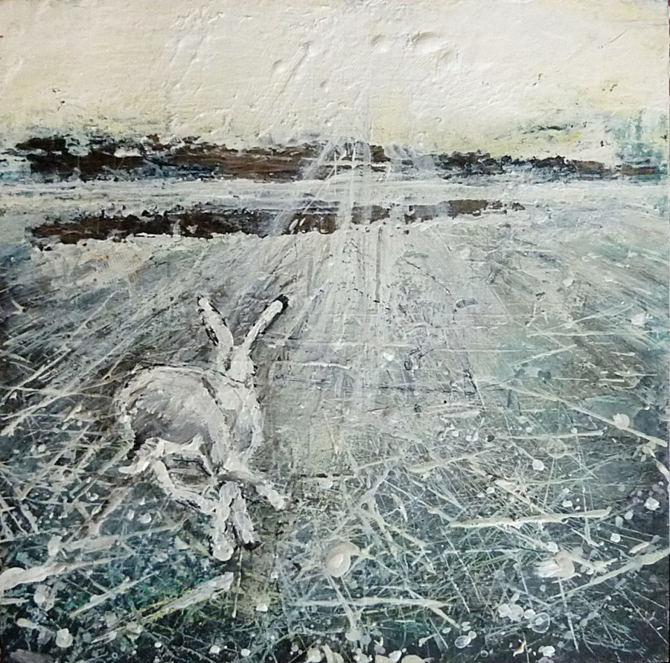 Sold. 'Winter 9. Skating, Running'. Mixed media on 10x10" wood panel. Rose Strang 2017