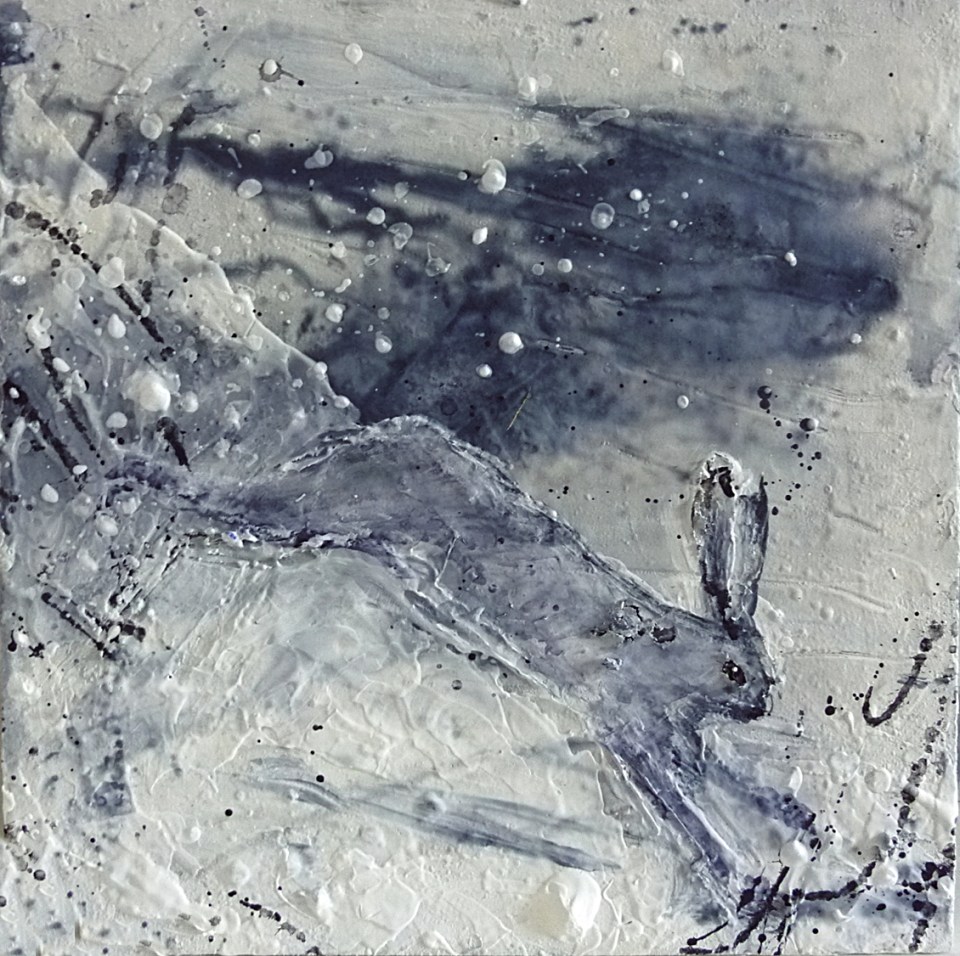 Sold. 'Winter 3. Snow Hare'. Mixed media on 10x10" wood panel. Rose Strang 2017