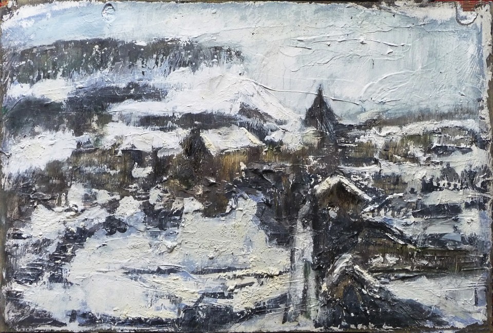 Sold. ‘Edinburgh Snow (Arthur’s Seat and Royal Mile from Regent Road)’. Mixed media on 24×16″ found wood panel. Rose Strang 2018