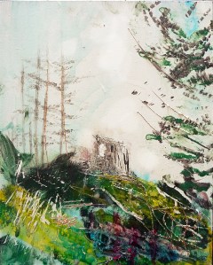 Sold. 'Wells of Arthur's Seat, St Anthony's Chapel from St Margaret's Loch'. Mixed media on 10x8 inch wood panel. Rose Strang 2018
