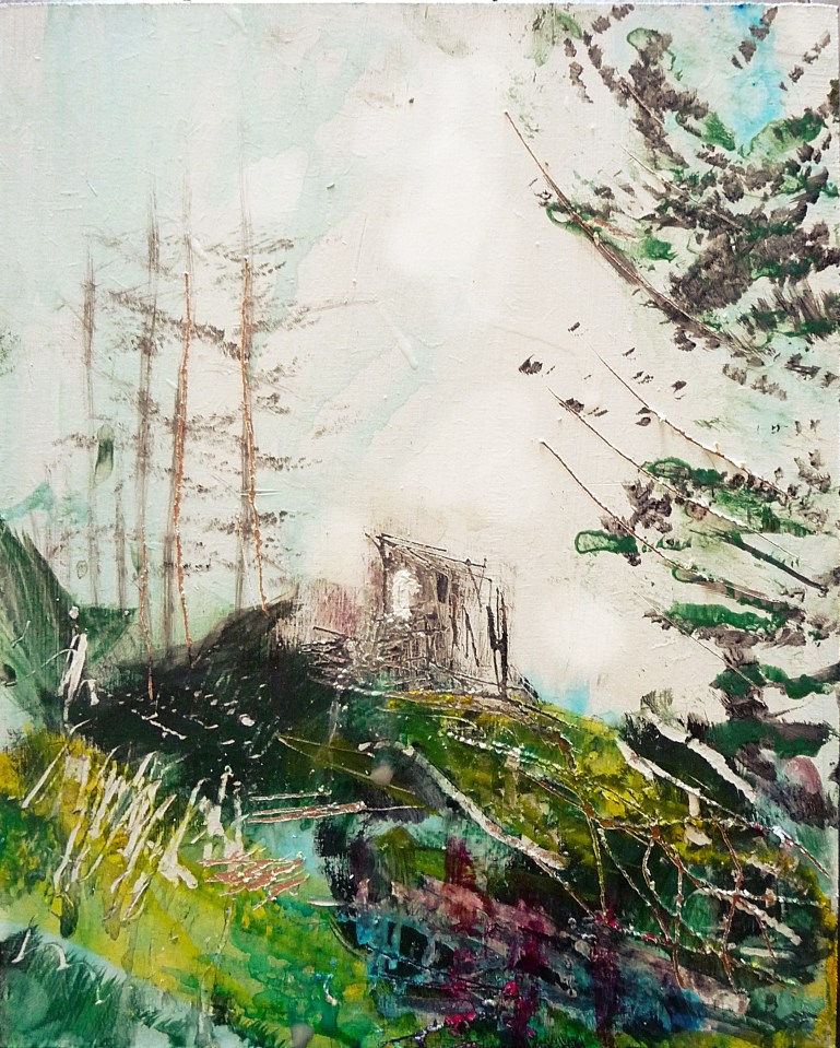 Sold. 'Wells of Arthur's Seat, St Anthony's Chapel from St Margaret's Loch'. Mixed media on 10x8 inch wood panel. Rose Strang 2018