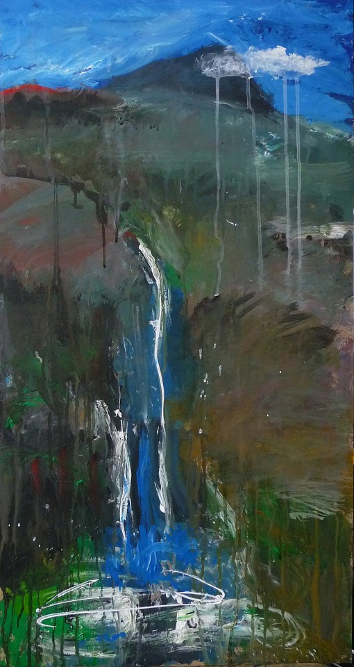 'Wells of Arthur's Seat, Stream and Hill I' Mixed media on 35 x 18.5 inch wood panel. Rose Strang 2018