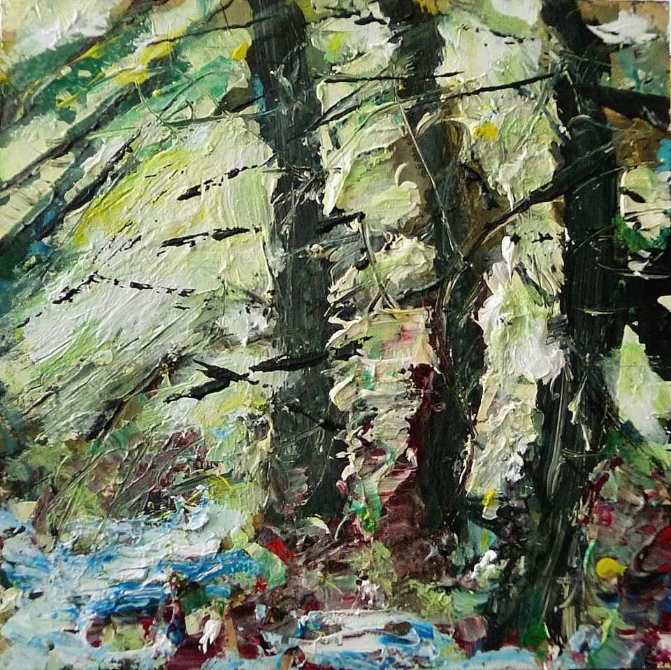 'Wells of Arthur's Seat, Scots Pine Grove' Mixed media on 35 x 18.5 inch wood panel. Rose Strang 2018. £250