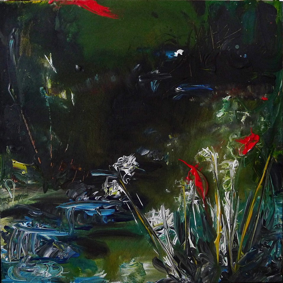 Sold. 'Wells of Arthur's Seat, Stream' Mixed media on 10 x 10 inch wood panel. Rose Strang 2018. £250