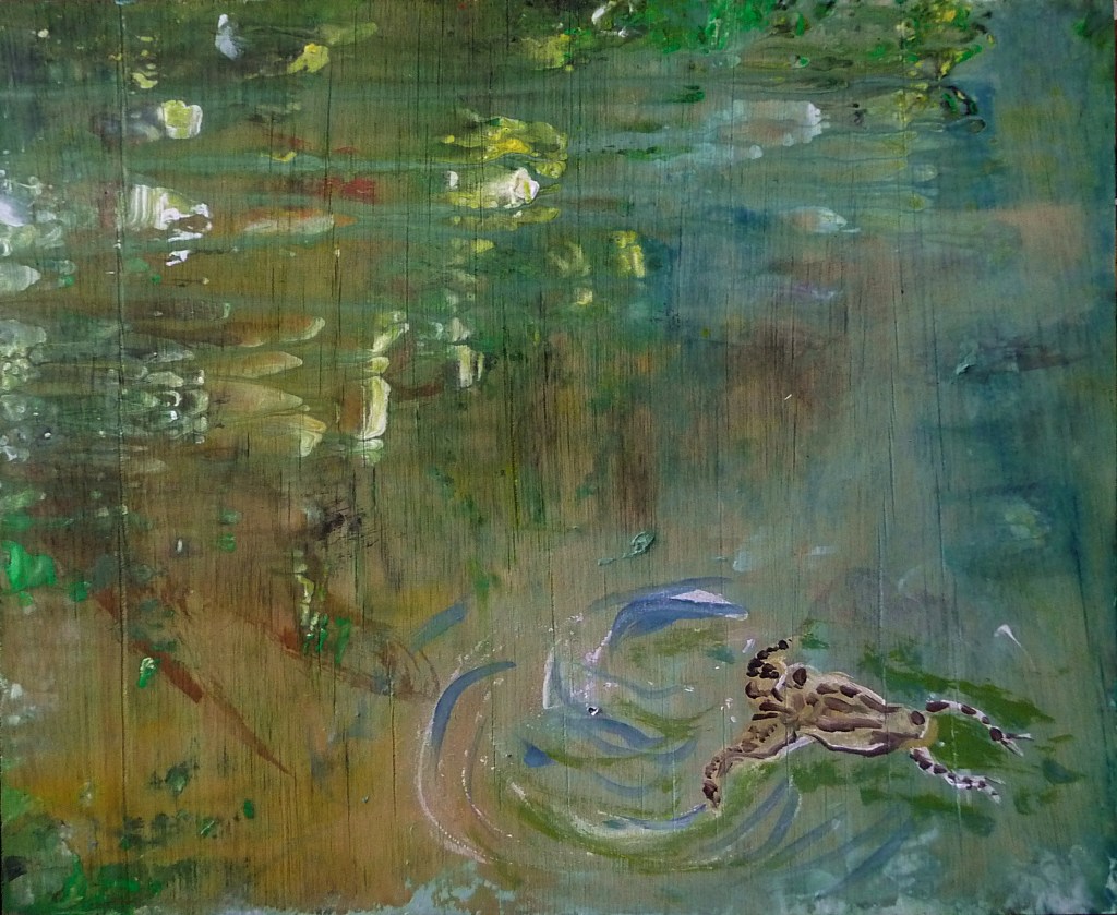 'Wells of Arthur's Seat, Swimming Frog, Hunter's Bog' Mixed media on 16 x 13 inch wood panel. Rose Strang 2018. £375