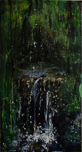 Sold. 'Wells of Arthur's Seat, Waterfall I' Mixed media on 35 x 18.5 inch wood panel. Rose Strang 2018.