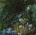 Sold. 'Wells of Arthur's Seat, Stream and Flowers', Hunter's Bog Mixed media on 10 x 10 inch wood panel. Rose Strang 2018. £250