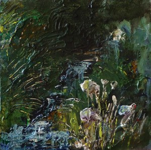 Sold. 'Wells of Arthur's Seat, Stream and Flowers', Hunter's Bog Mixed media on 10 x 10 inch wood panel. Rose Strang 2018. £250
