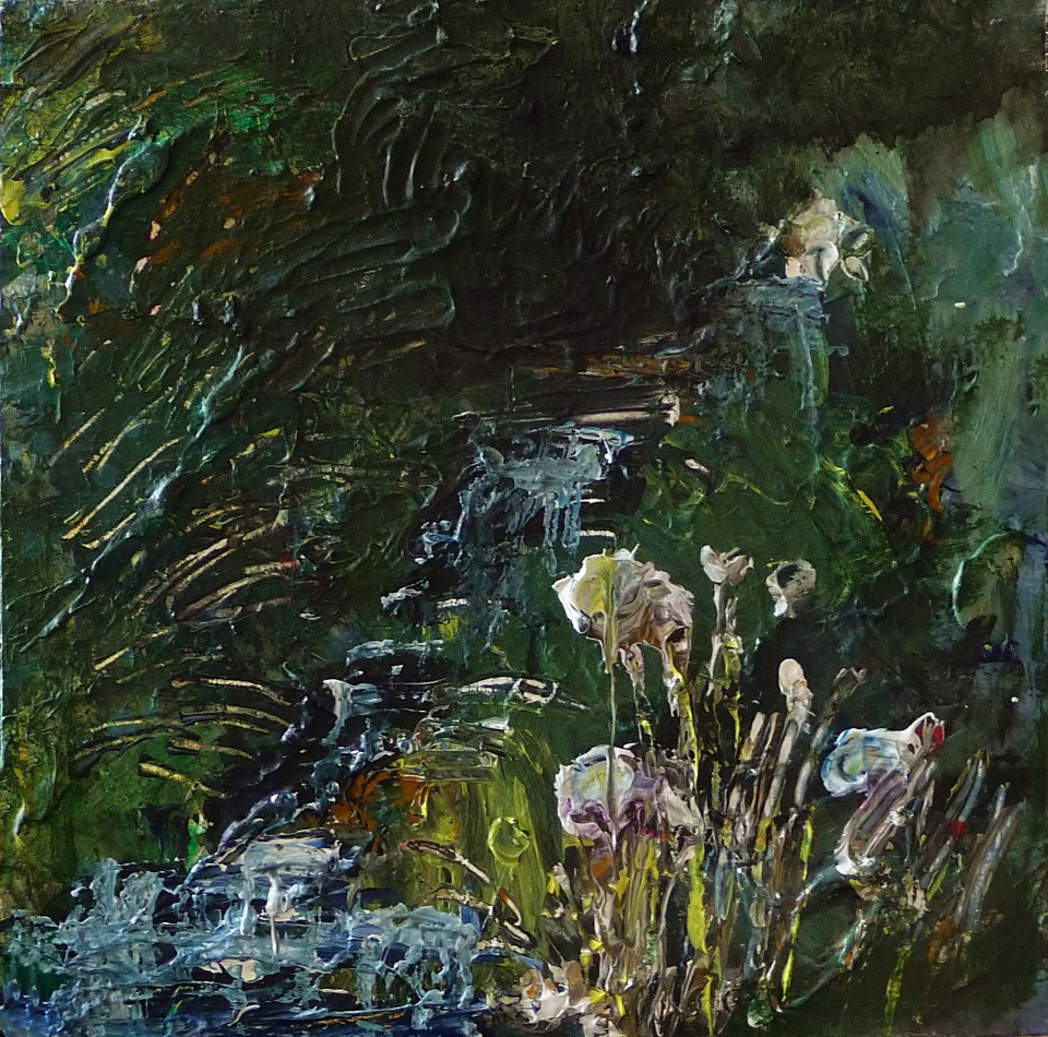 Sold. 'Wells of Arthur's Seat, Stream and Flowers', Hunter's Bog Mixed media on 10 x 10 inch wood panel. Rose Strang 2018. £250