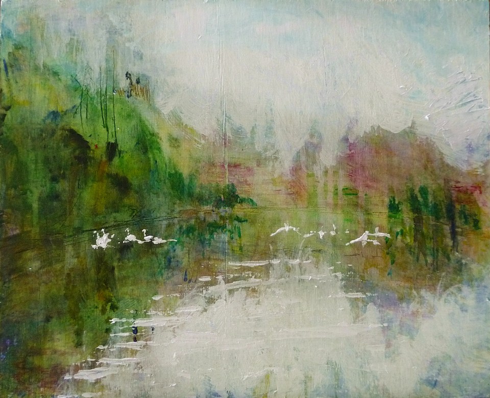 Sold. 'Wells of Arthur's Seat, Swans on St Margaret's Loch'. Mixed media on 16x13 inch wood panel. Rose Strang 2018. £375