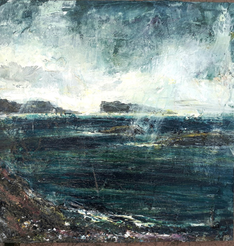 Sold. 'Storm, Goirtean Beag beach, West Coast of Iona'. Mixed media on 1px10" wood panel. Rose Strang, August 2018.