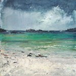 Sold. 'Storm coming, Goirtean Beag beach, West Coast of Iona. Mixed media on 10x10" wood panel. Rose Strang, August 2018.