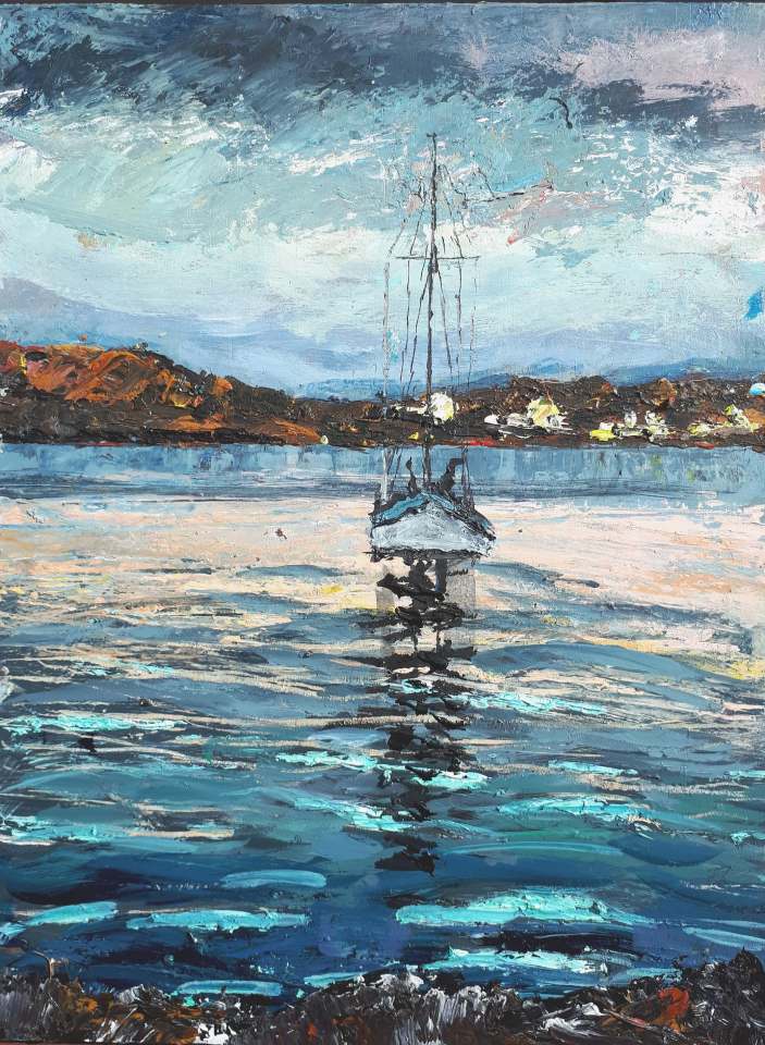 Sold. 'Birthe Marie, St Ronan's Bay. (Isle of Iona)'. Mixed media on 16x12" wood panel. Rose Strang 2018