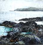 'Misty Day, North Beach. (Isle of Iona)'. Mixed media on 10x10" wood panel. Rose Strang 2018
