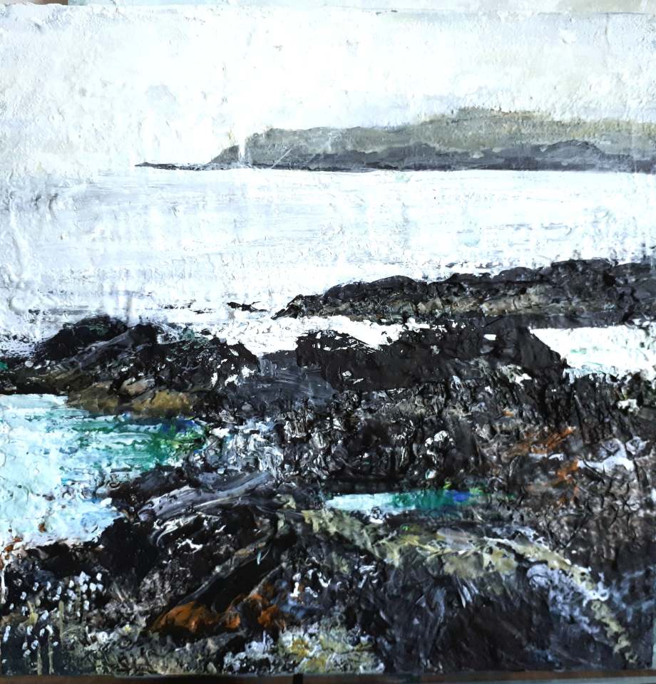 'Misty Day, North Beach. (Isle of Iona)'. Mixed media on 10x10" wood panel. Rose Strang 2018