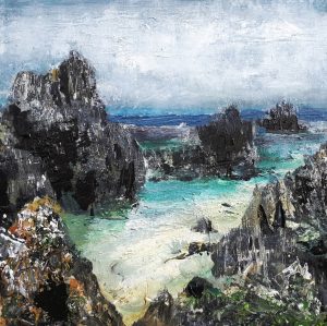 'Receding Clouds, North Beach. (Isle of Iona)'. Mixed media on 16x12" wood panel. Rose Strang 2018. (£450, framed).