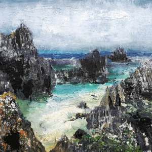 'Receding Clouds, North Beach. (Isle of Iona)'. Mixed media on 16x12" wood panel. Rose Strang 2018. (£450, framed).