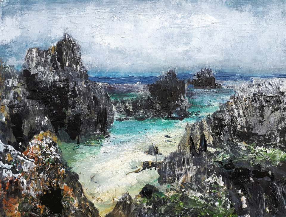 Sold. 'Receding Clouds, North Beach. (Isle of Iona)'. Mixed media on 16x12" wood panel. Rose Strang 2018. (£450, framed).