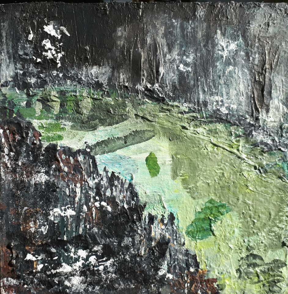 'Rockpool II, North Beach. (Isle of Iona)'. Mixed media on 10x10" wood panel. Rose Strang 2018. (£400, framed).