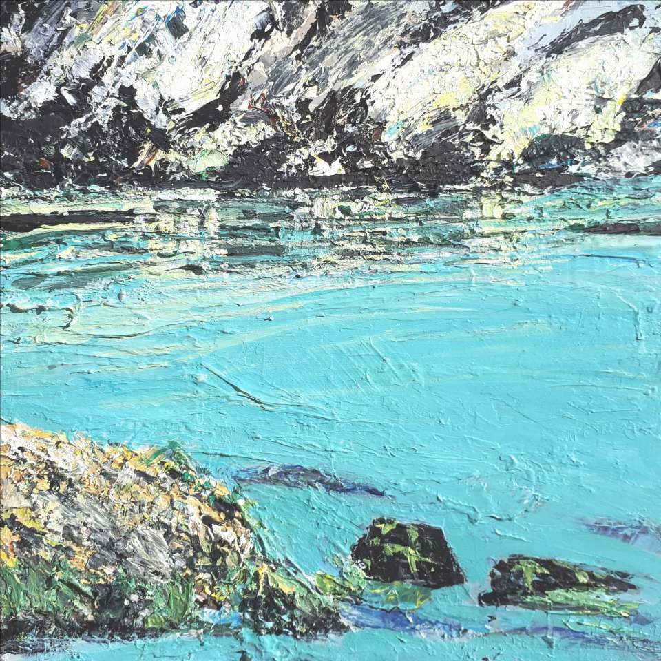 Sold. 'Rockpool, North Beach. (Isle of Iona)' Mixed media on 10x10" wood panel. Rose Strang 2018. (£400, framed).