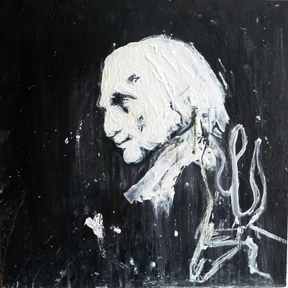 'Portrait of Richard Demarco'. Blackboard paint, gesso and pencil on 36x36 inch wood panel. Rose Strang, January 2018