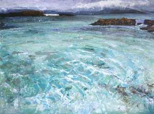 'Sound of Iona I. (Isle of Iona)'. Mixed media on 16x12" wood panel. Rose Strang, 2018