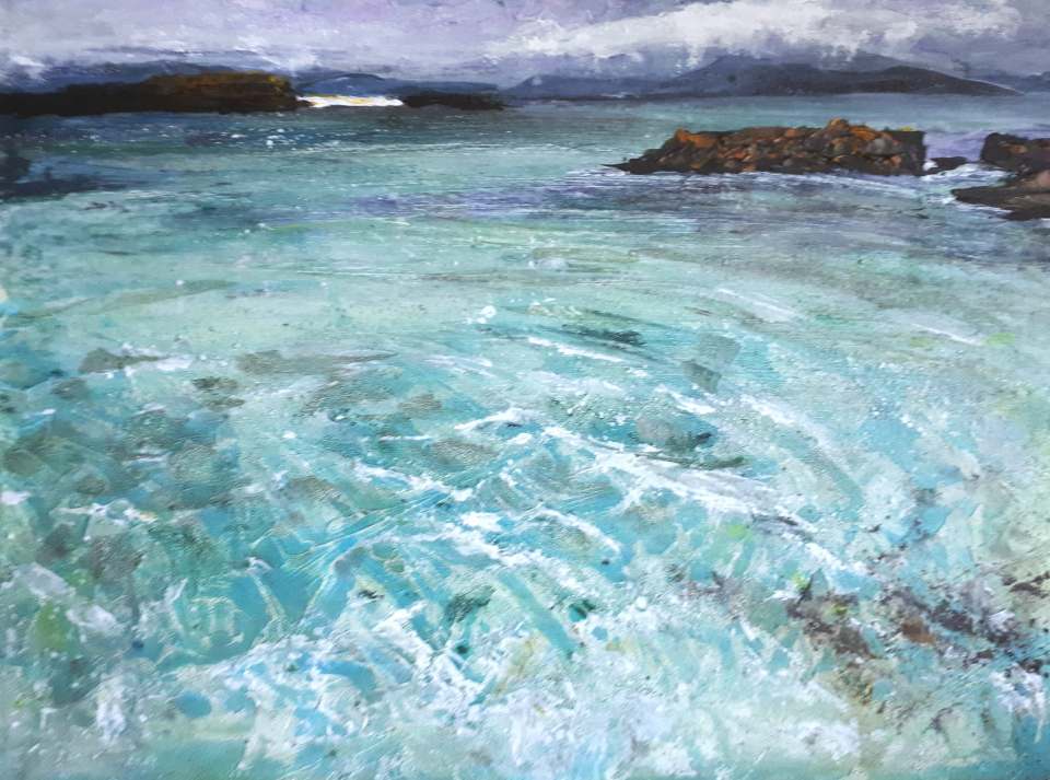 'Sound of Iona I. (Isle of Iona)'. Mixed media on 16x12" wood panel. Rose Strang, 2018
