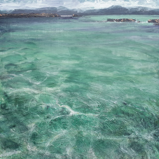 Sold. 'Sound of Iona II. (Isle of Iona)'. Mixed media on 36x36" wood panel. Rose Strang, 2018.