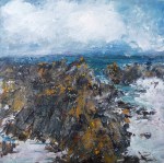 Sold. 'Ochre Rocks, Isle of Iona'. Mixed media on 10x10" wood panel. Rose Strang 2018 (£450)
