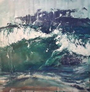 Sold. 'October Tide I, Isle of Iona'. Mixed media on 30x30" wood panel. Rose Strang 2018 (£1500)