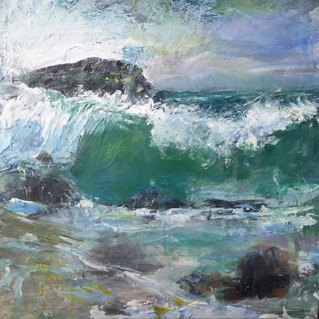 Sold. 'Pisces Moon, Isle of Iona'. Mixed media on 10x10" wood panel. Rose Strang 2018