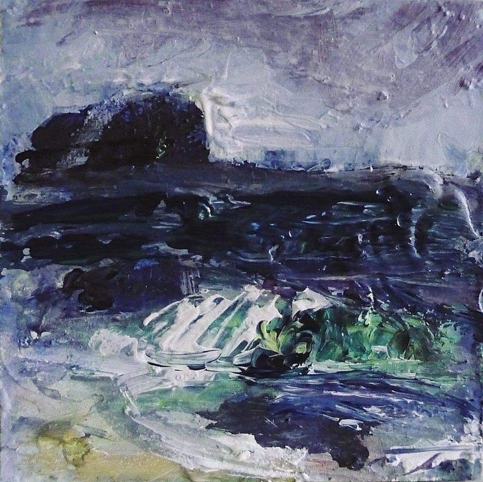 Sold. 'North Beach, Twilight II. Isle of Iona'. Mixed media on 6x6" wood block. Rose Strang 2018.
