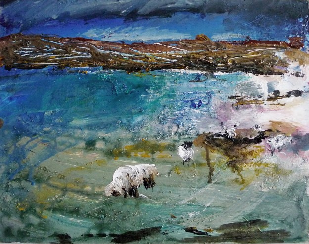 'Ardnamurchan, Sheep'. Mixed media on 14x11" wood panel. Rose Strang, 2019