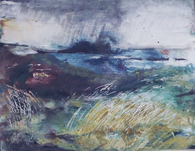 'Sanna Bay, dusk'. Mixed media on 14x11" wood panel. Rose Strang, 2019