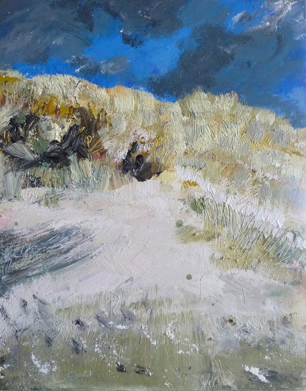 'Sanna Bay, sand dune'. Mixed media on 14x11" wood panel. Rose Strang, 2019