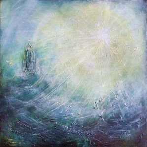 'Sol. Planets Series'. Mixed media on 30x30" wood. Rose Strang 2019.