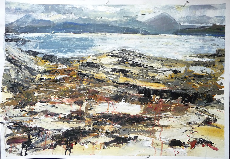 Sold. 'Early Evening, Coral Beach. Ardban'. Mixed media on 31x22" paper. Rose Strang 2019. £380
