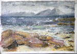 Sold. 'The Cuillin from the Shore. Ardban'. Mixed media on 31x22" paper. Rose Strang 2019